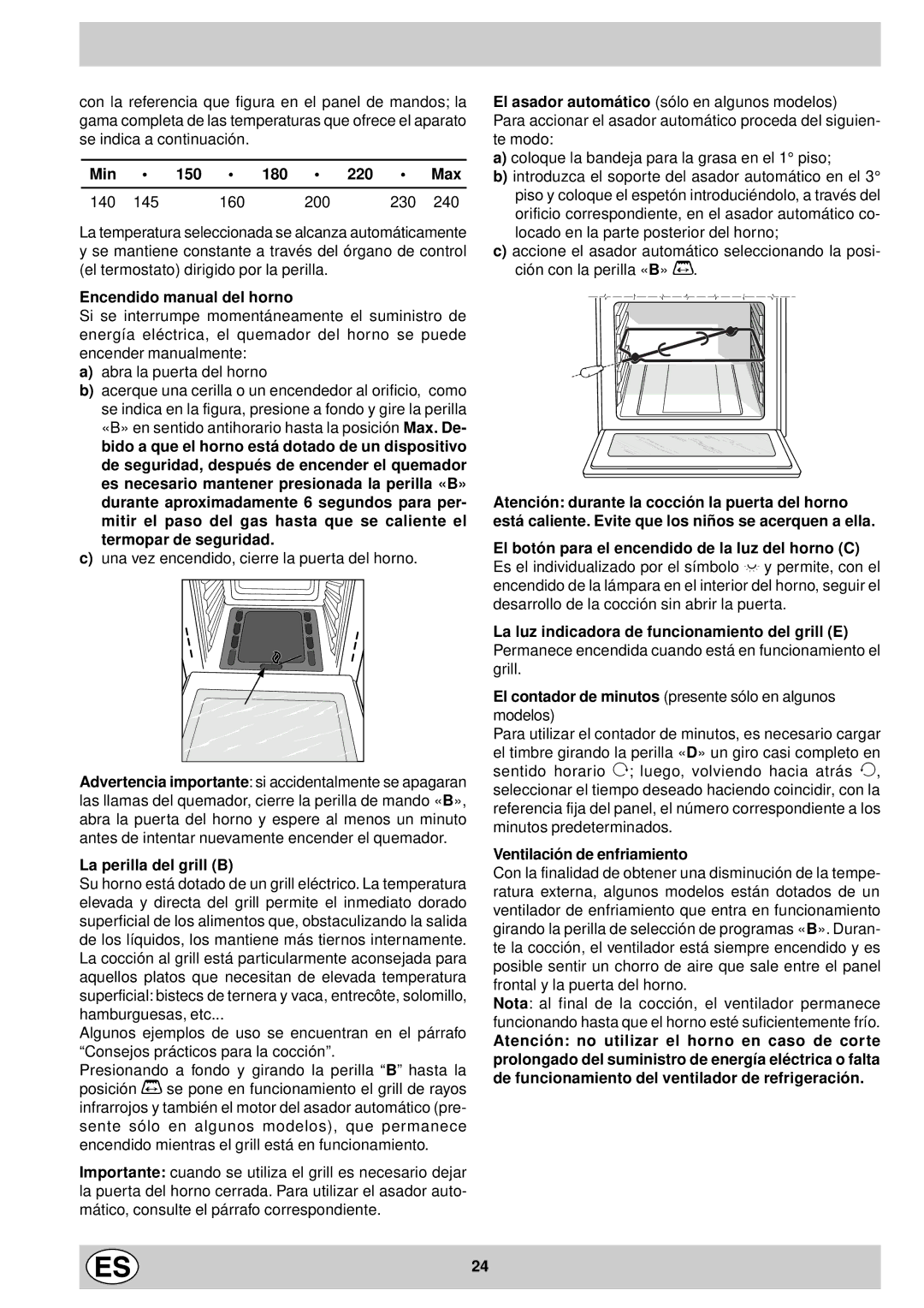 Indesit FG10KBK.1 Encendido manual del horno, La perilla del grill B, Ventilación de enfriamiento 