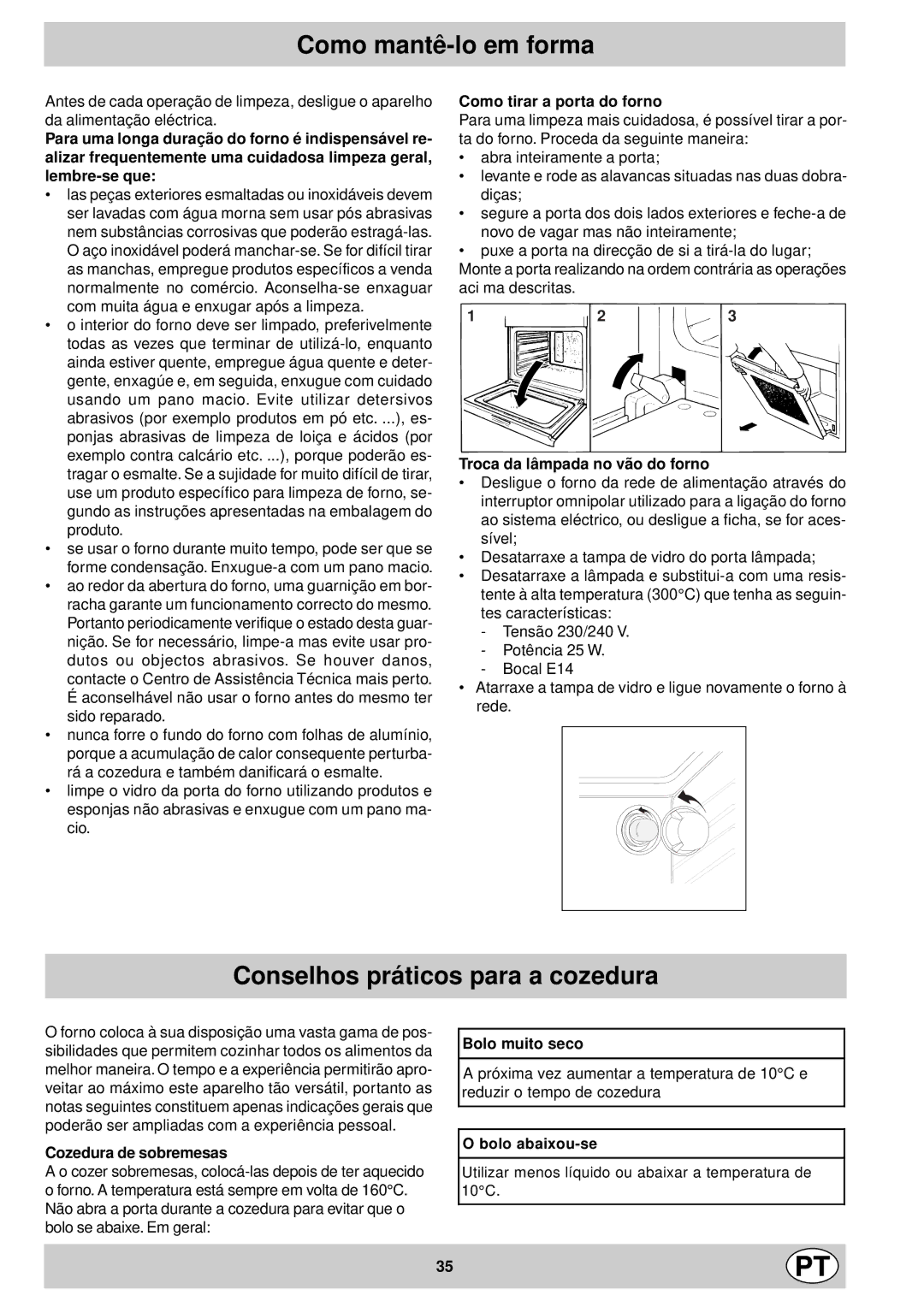 Indesit FG10KBK.1 manual Como mantê-lo em forma, Conselhos práticos para a cozedura 