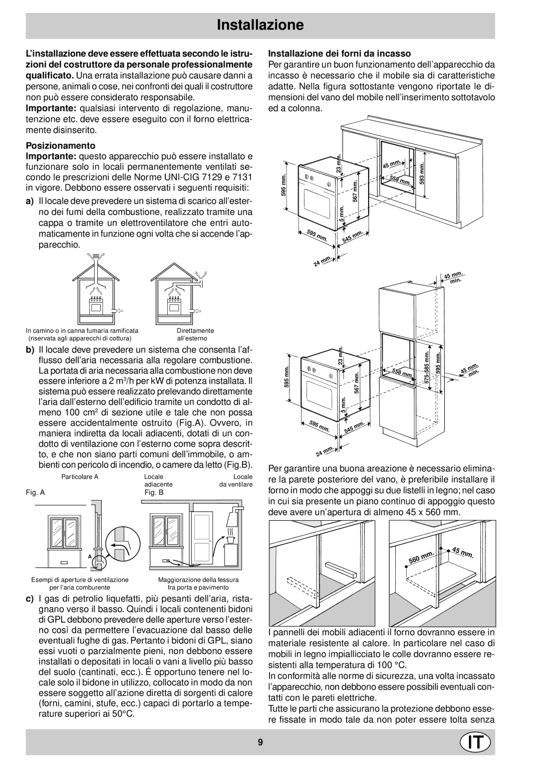 Indesit FG10KBK.1 manual Posizionamento Installazione dei forni da incasso 