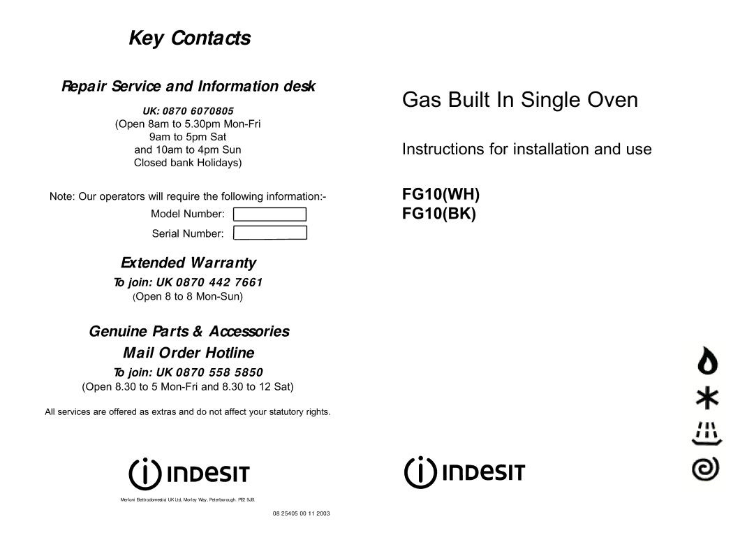 Indesit FG10(BK), FG10(WH) warranty Key Contacts 