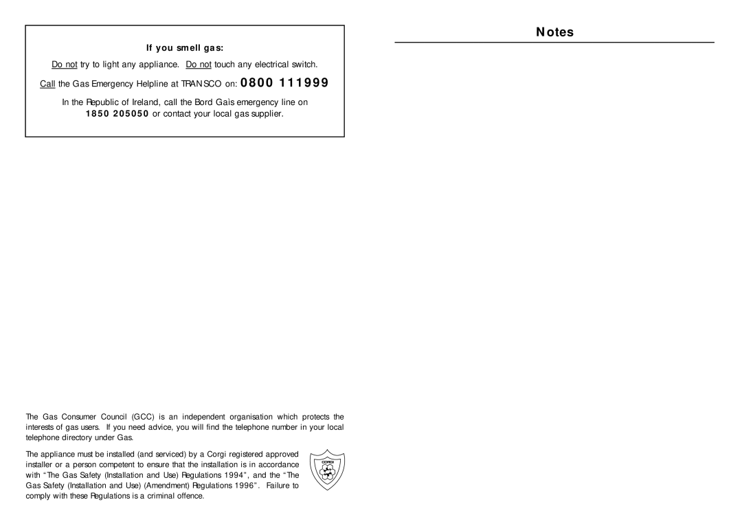 Indesit FG10(WH), FG10(BK) warranty If you smell gas 