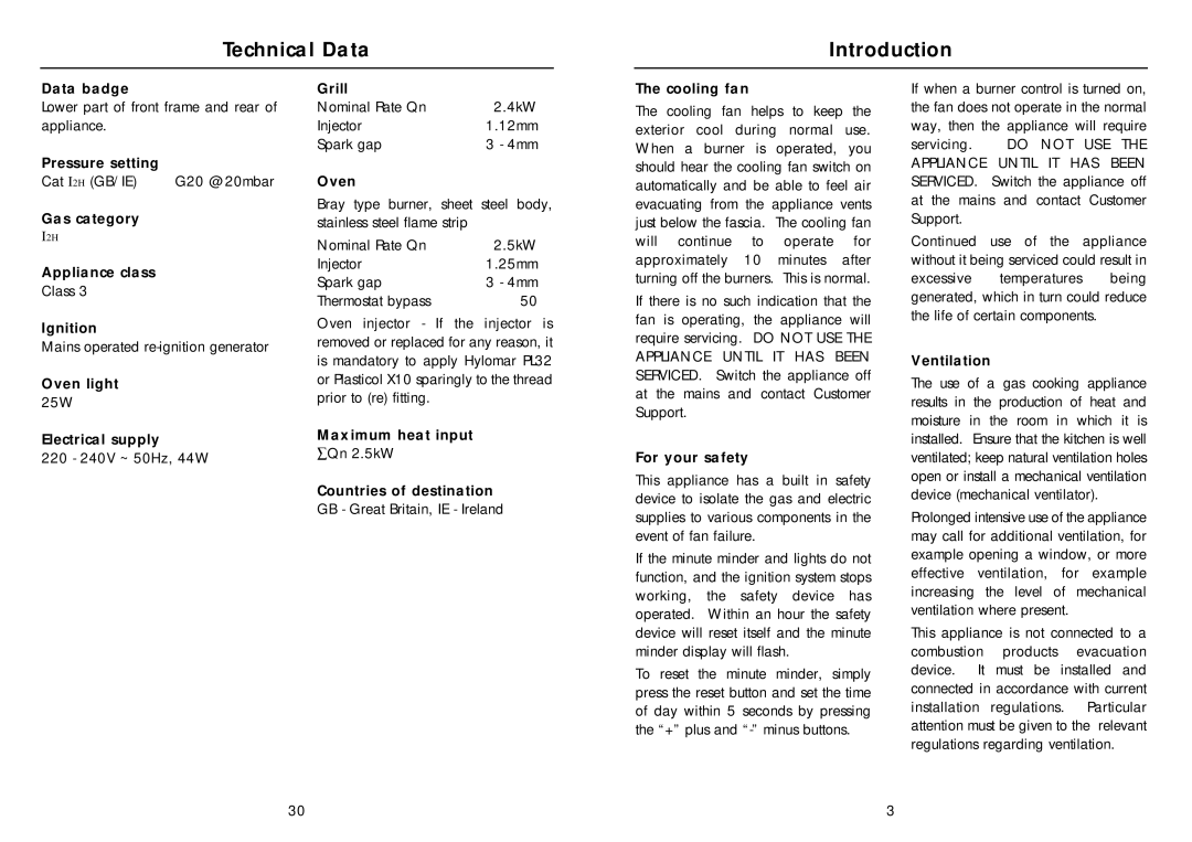 Indesit FG10(BK), FG10(WH) warranty Technical Data Introduction 