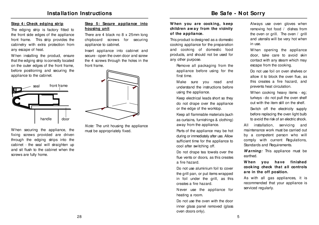 Indesit FG10(BK) Installation Instructions Be Safe Not Sorry, Check edging strip, Secure appliance into housing unit 