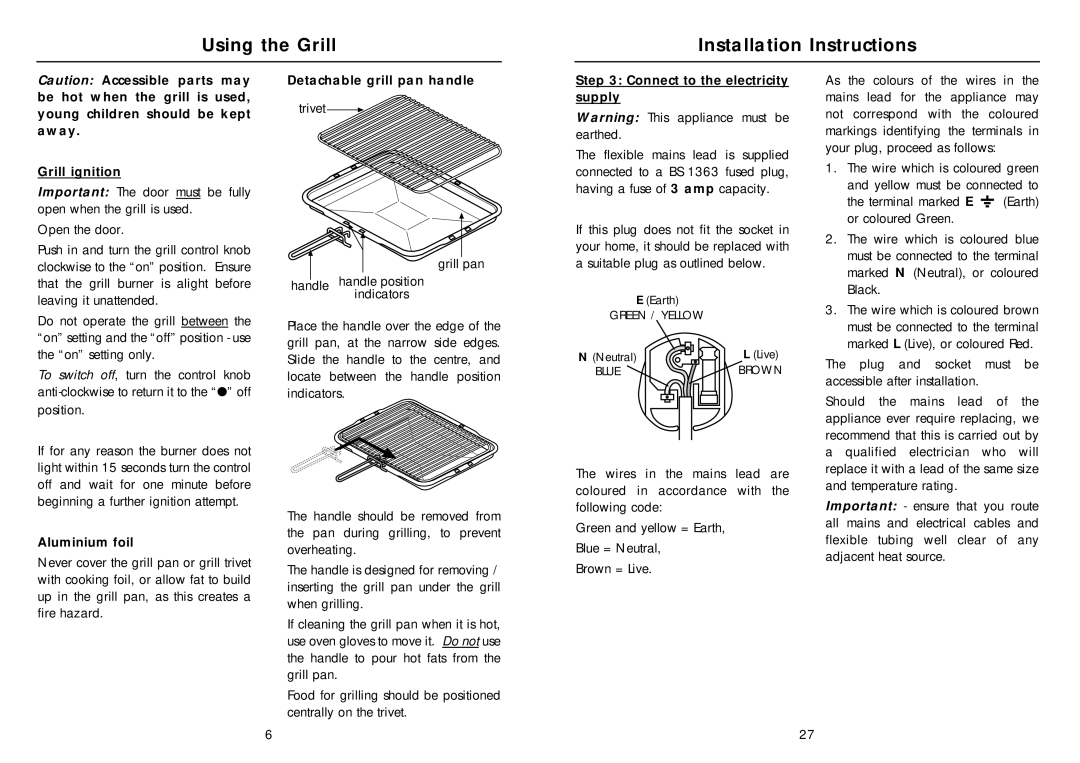 Indesit FG10(WH) Using the Grill Installation Instructions, Grill ignition, Aluminium foil, Detachable grill pan handle 