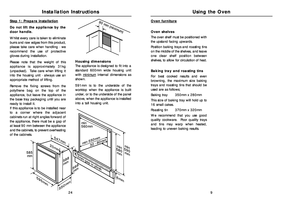Indesit FG10(BK) Installation Instructions, Using the Oven, Prepare installation, door handle, Oven furniture Oven shelves 