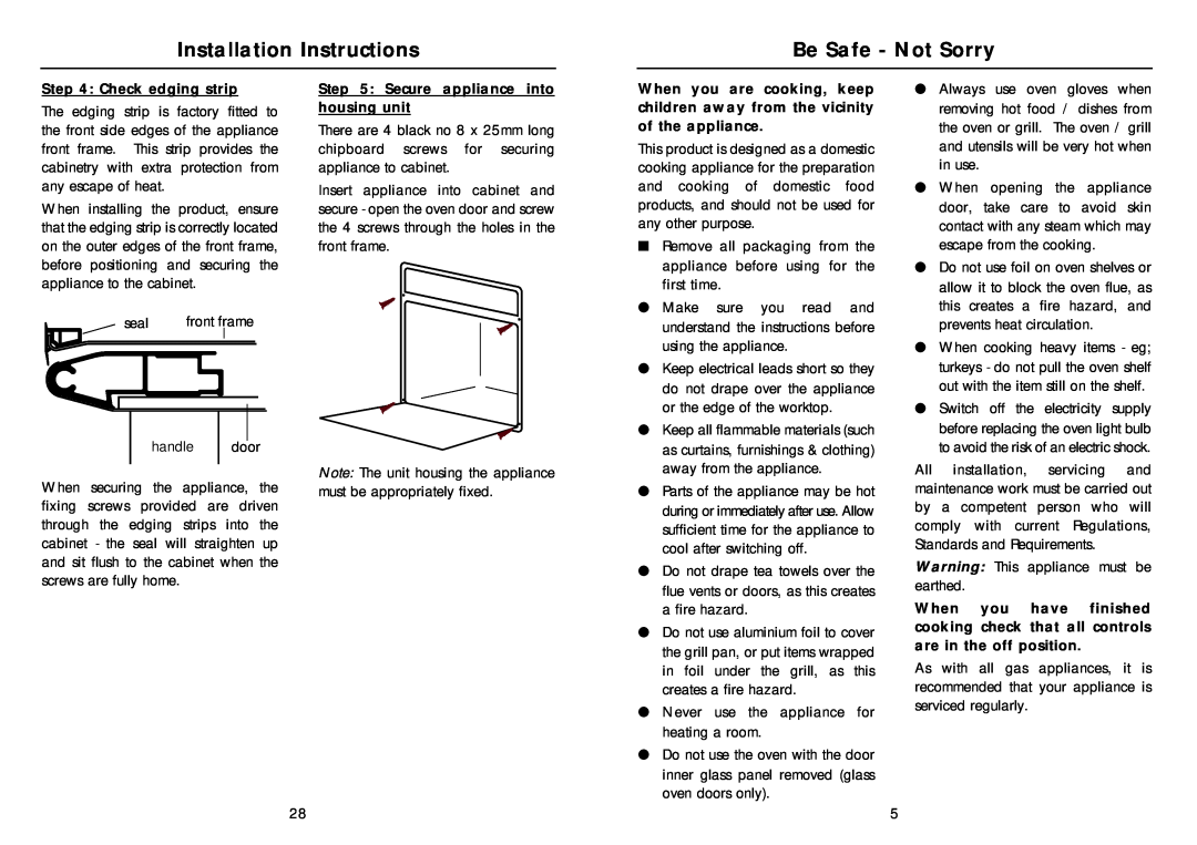 Indesit FG10(BK) Be Safe - Not Sorry, Installation Instructions, Check edging strip, Secure appliance into housing unit 