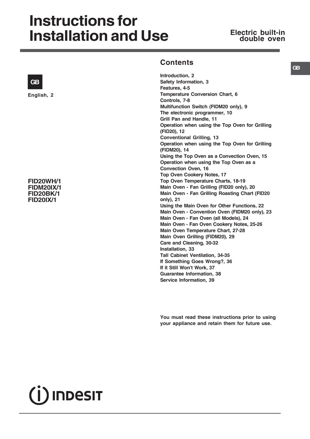 Indesit FID20WH/1, FID20BK/1 manual Instructions for Installation and Use Electric built-in, Double oven Contents 