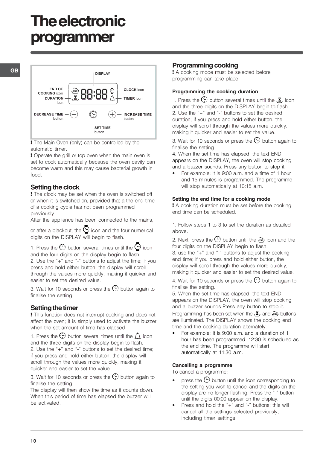 Indesit FIDM20IX/1, FID20BK/1, FID20WH/1 Theelectronic programmer, Setting the clock, Settingthe timer, Programming cooking 