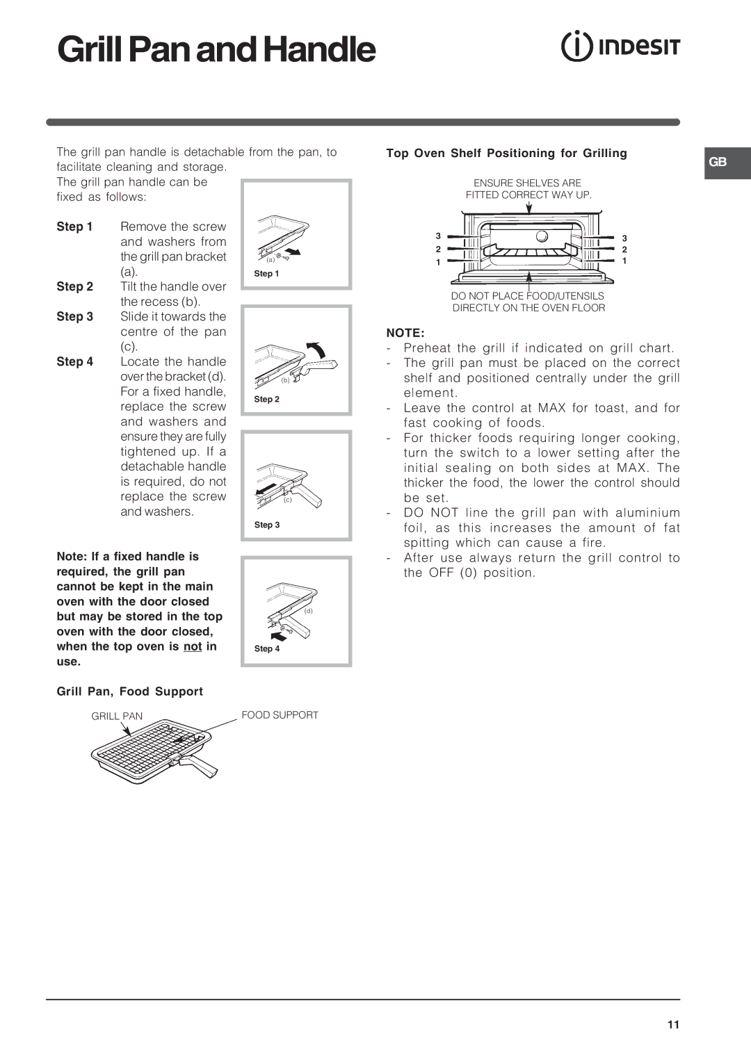 Indesit FID201X/1, FID20BK/1, FID20WH/1, FIDM20IX/1 manual GrillPanandHandle 