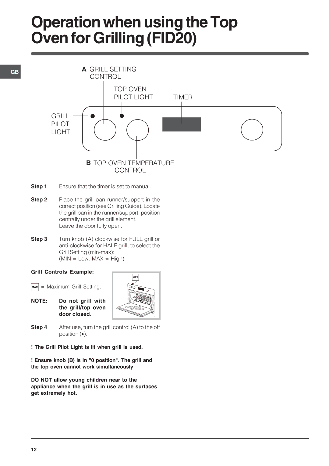 Indesit FID20BK/1 Operation when using the Top Oven for Grilling FID20, Grill Setting Control TOP Oven Pilot Light Timer 