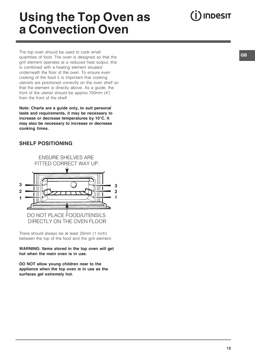 Indesit FID201X/1, FID20BK/1, FID20WH/1, FIDM20IX/1 manual Using the Top Oven as a Convection Oven 