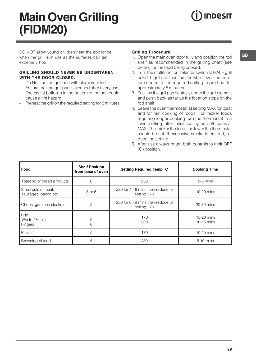 Indesit FID20WH/1, FID20BK/1, FID201X/1 Main Oven Grilling FIDM20, Grilling should Never be Undertaken with the Door Closed 