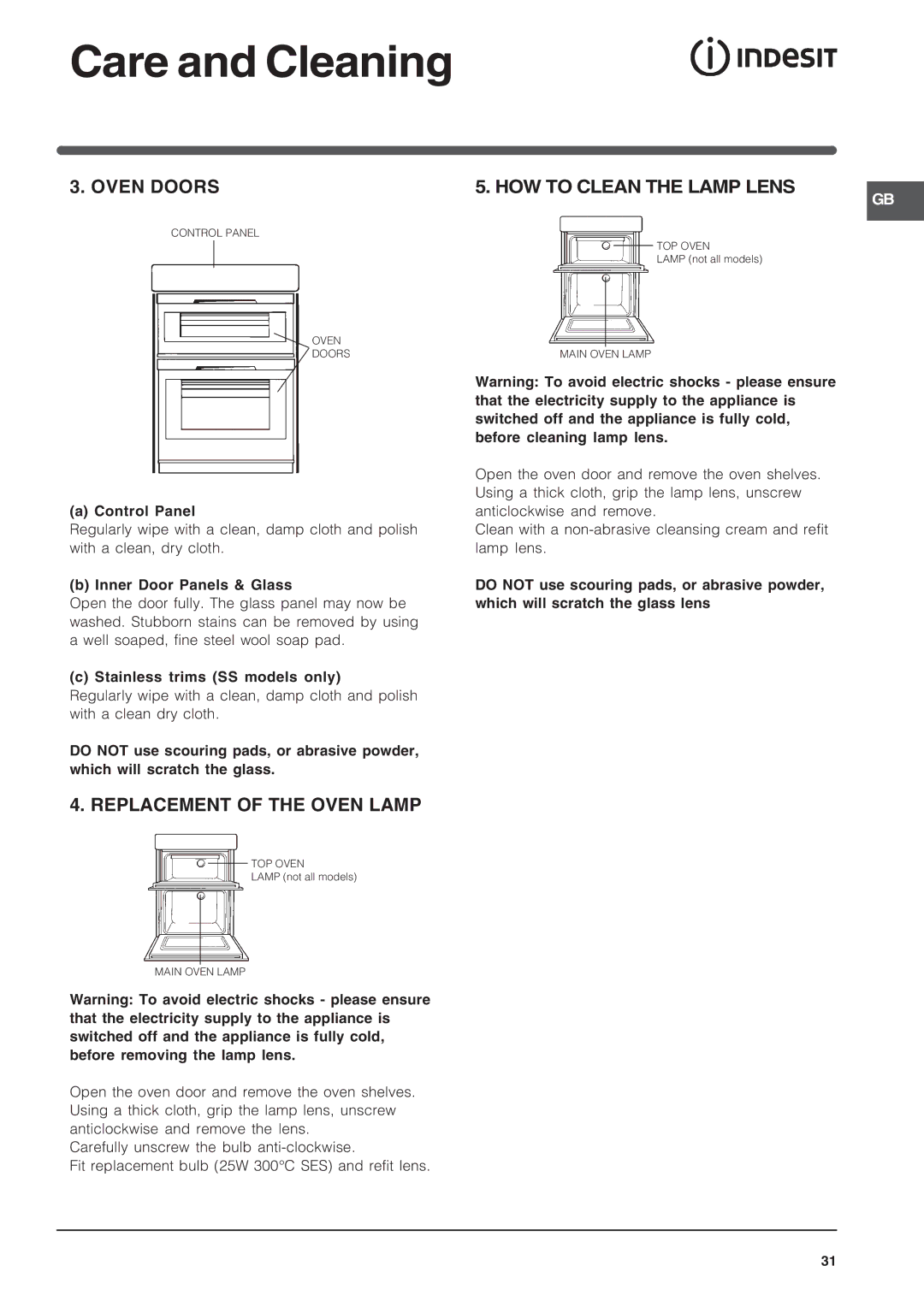 Indesit FID201X/1, FID20BK/1, FID20WH/1, FIDM20IX/1 Oven Doors, Replacement of the Oven Lamp, HOW to Clean the Lamp Lens 