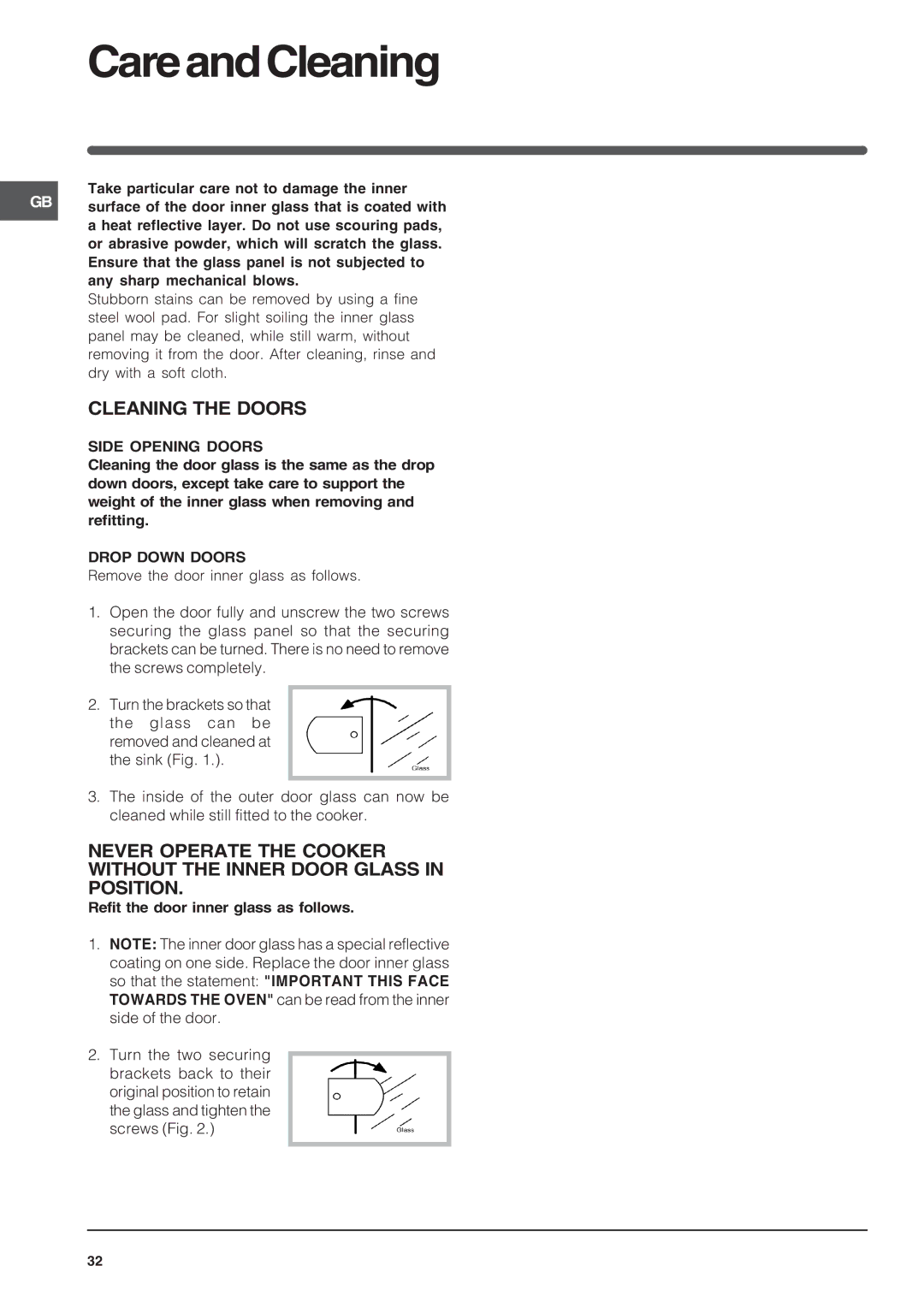 Indesit FID20BK/1 CareandCleaning, Cleaning the Doors, Never Operate the Cooker, Without the Inner Door Glass, Position 