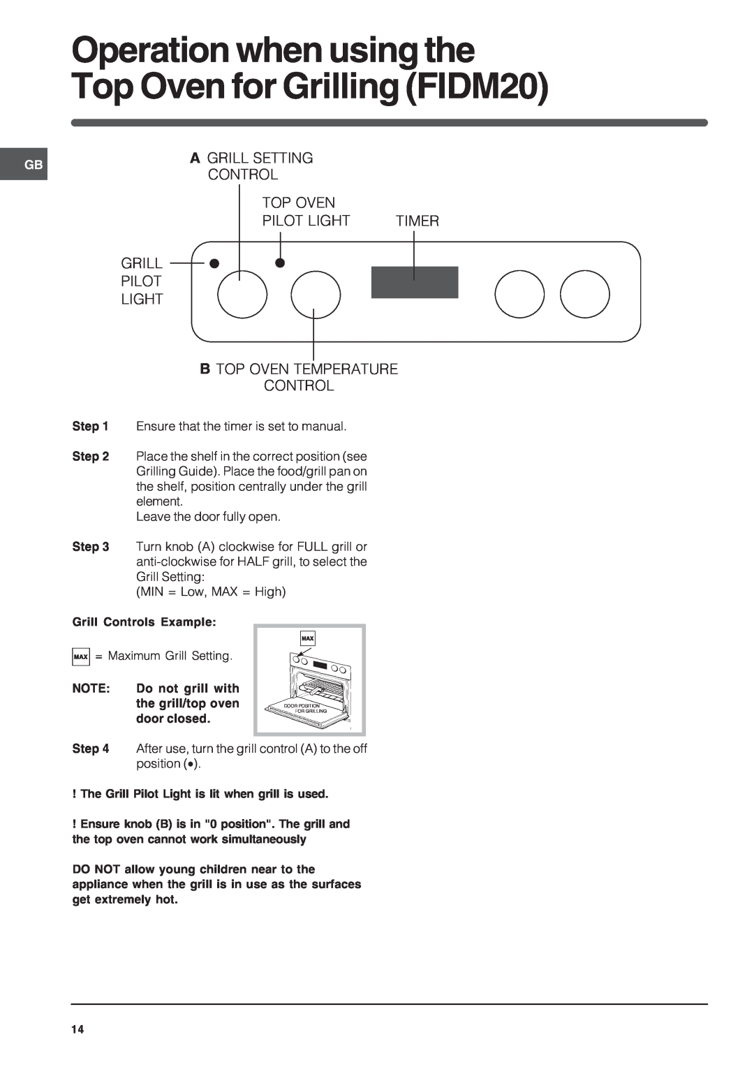 Indesit FIDM20IX/1 Operation when using the, Top Oven for Grilling FIDM20, A Grill Setting, Control, Pilot Light, Timer 