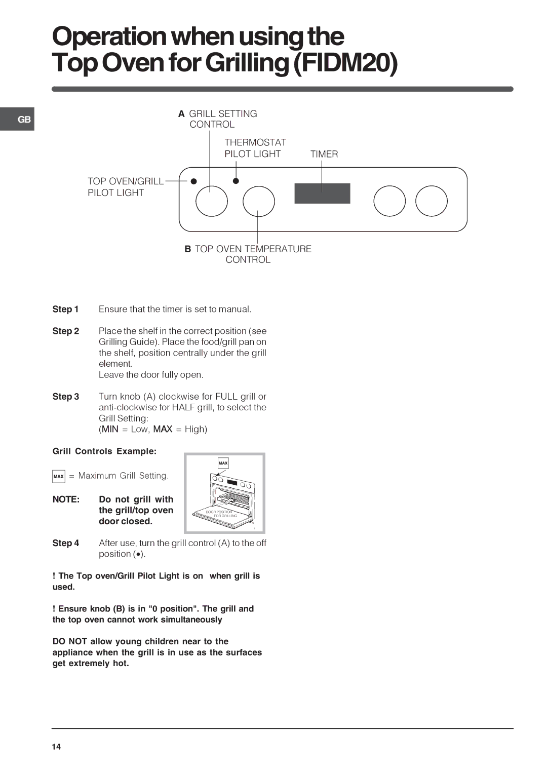 Indesit FID20IX/1, FID10IX/1 manual Operationwhenusingthe Top Oven for Grilling FIDM20 