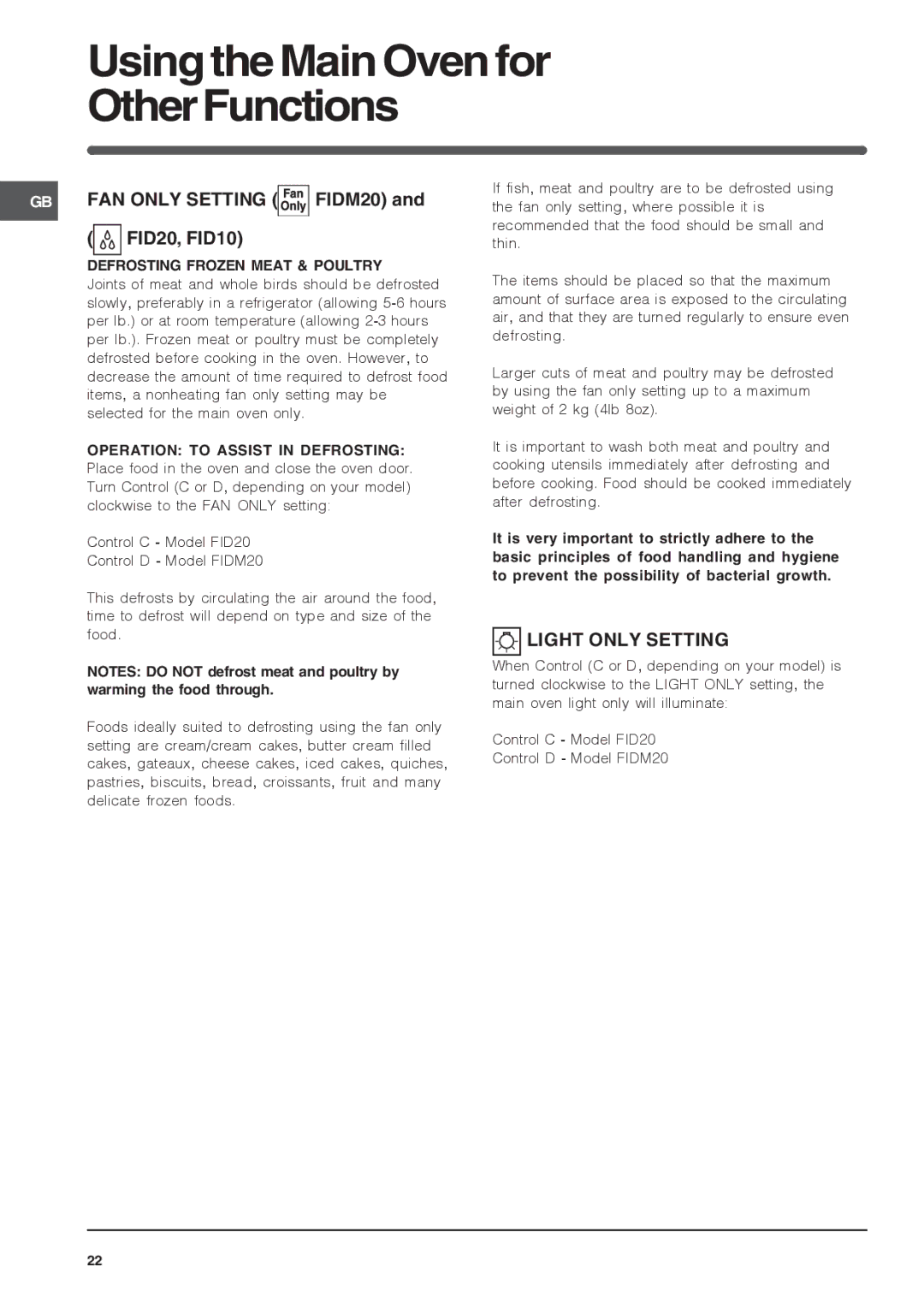 Indesit FID20IX/1 Using the Main Oven for OtherFunctions, GB FAN only Setting FIDM20 and FID20, FID10, Light only Setting 
