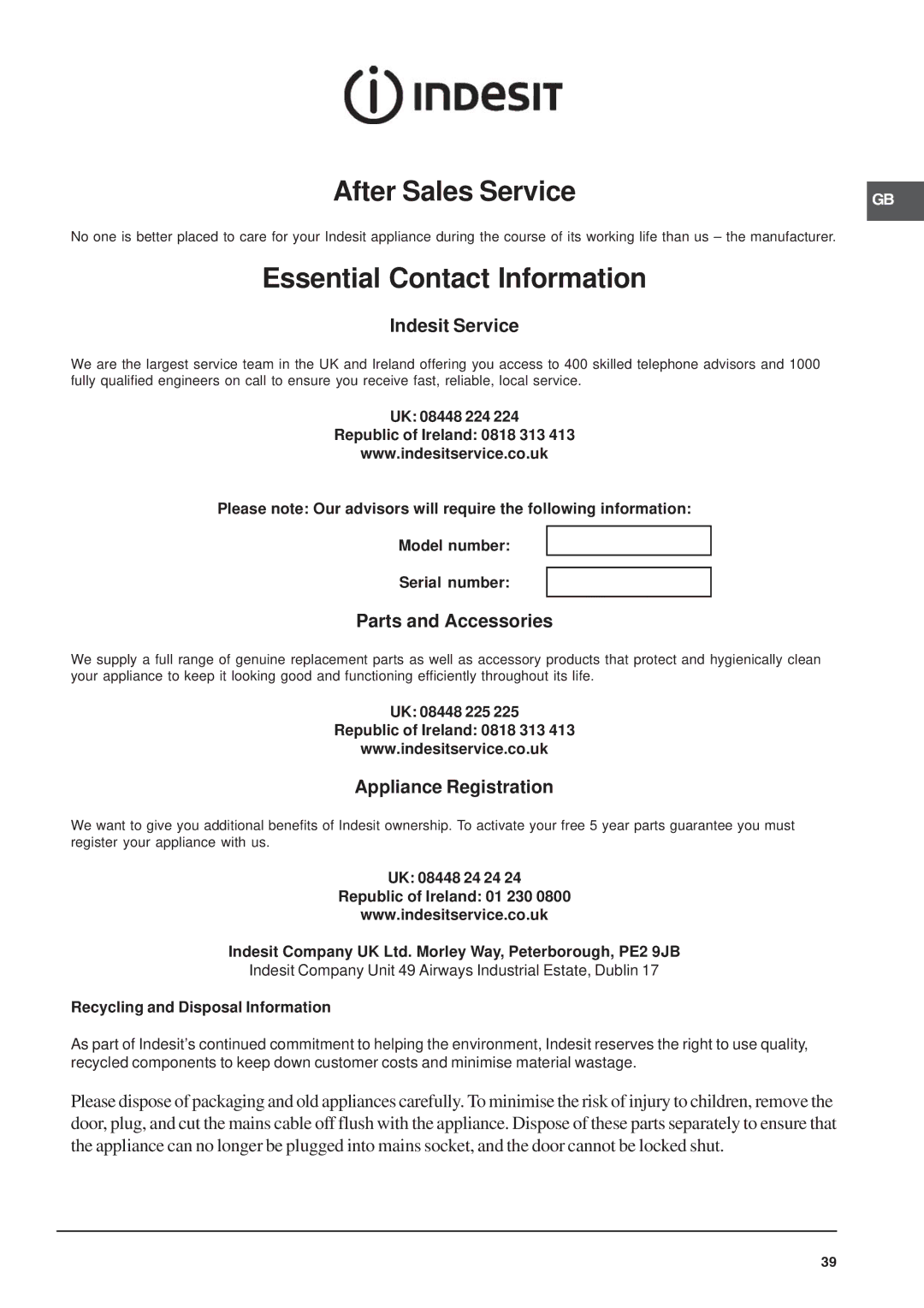 Indesit FID10IX/1, FID20IX/1 manual Indesit Service, Parts and Accessories, Appliance Registration 