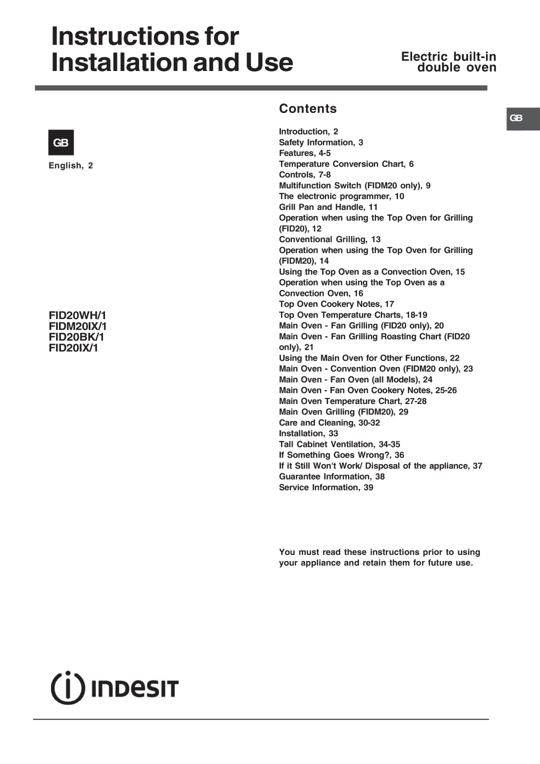 Indesit FID20WH manual Instructions for Installation and Use Electric built-in, Double oven Contents 