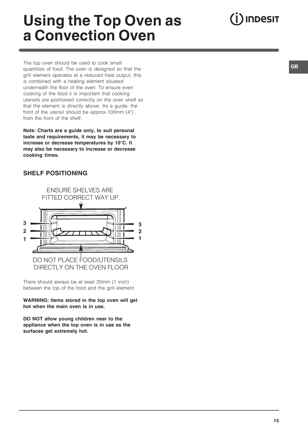 Indesit FID20WH manual Using the Top Oven as a Convection Oven 