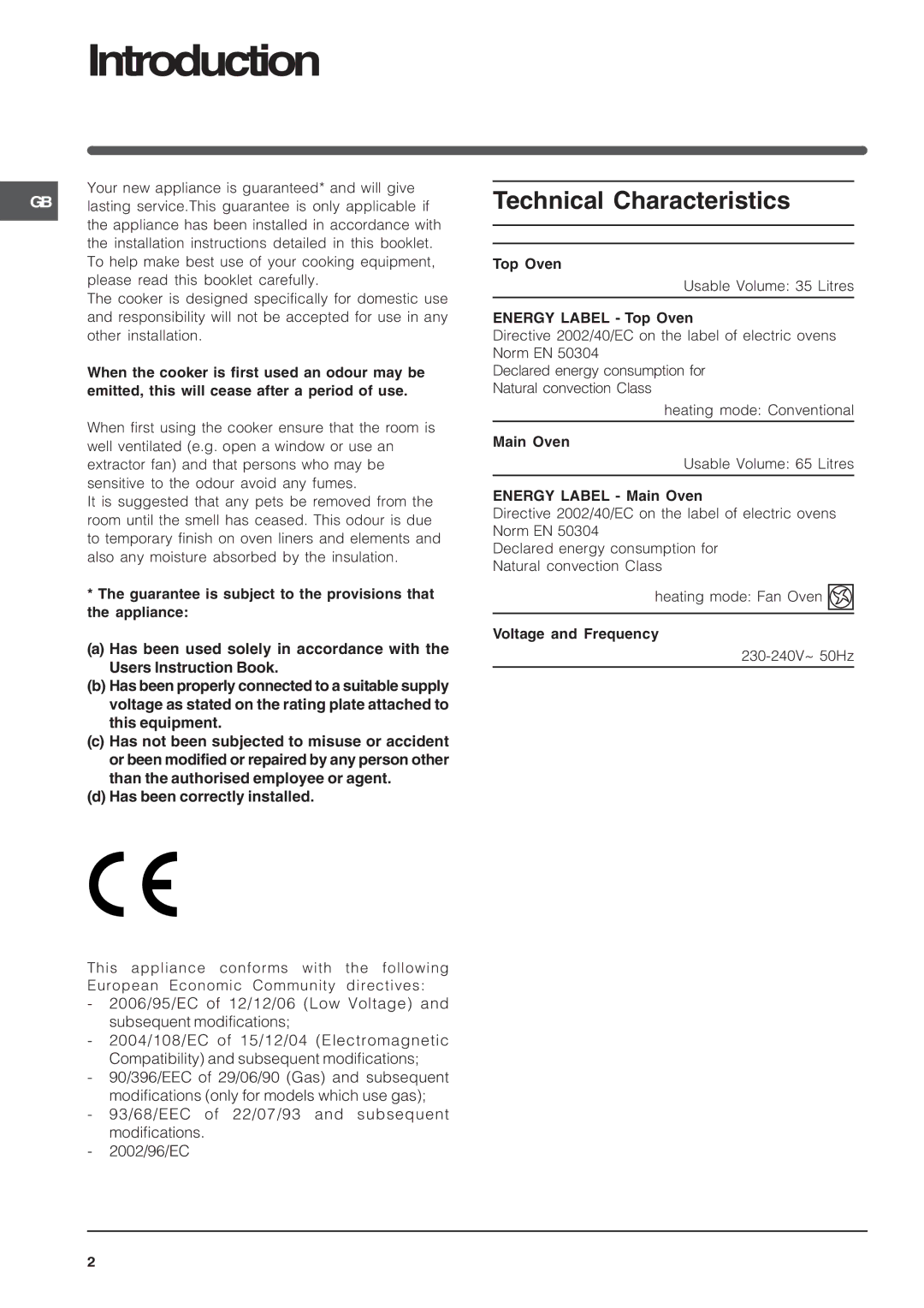 Indesit FID20WH manual Introduction, Technical Characteristics 