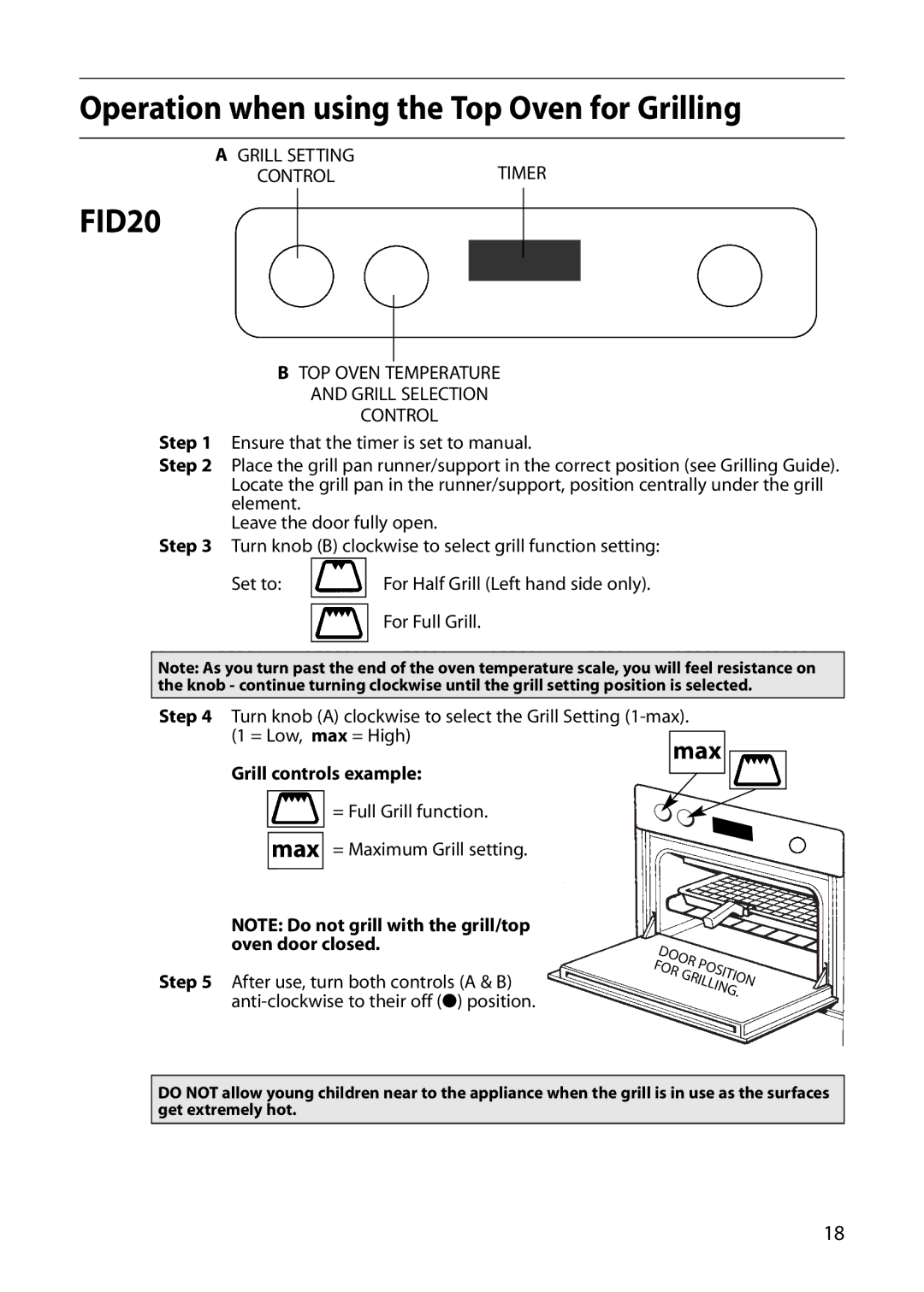 Indesit FID20, FIDM20 manual Operation when using the Top Oven for Grilling, Max, Grill controls example 