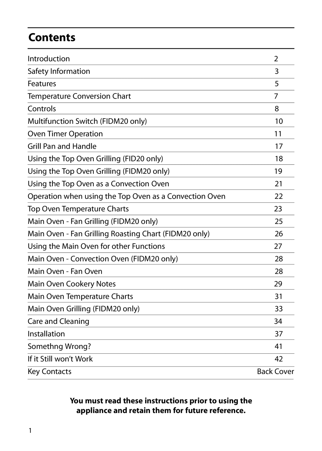 Indesit FIDM20, FID20 manual Contents 