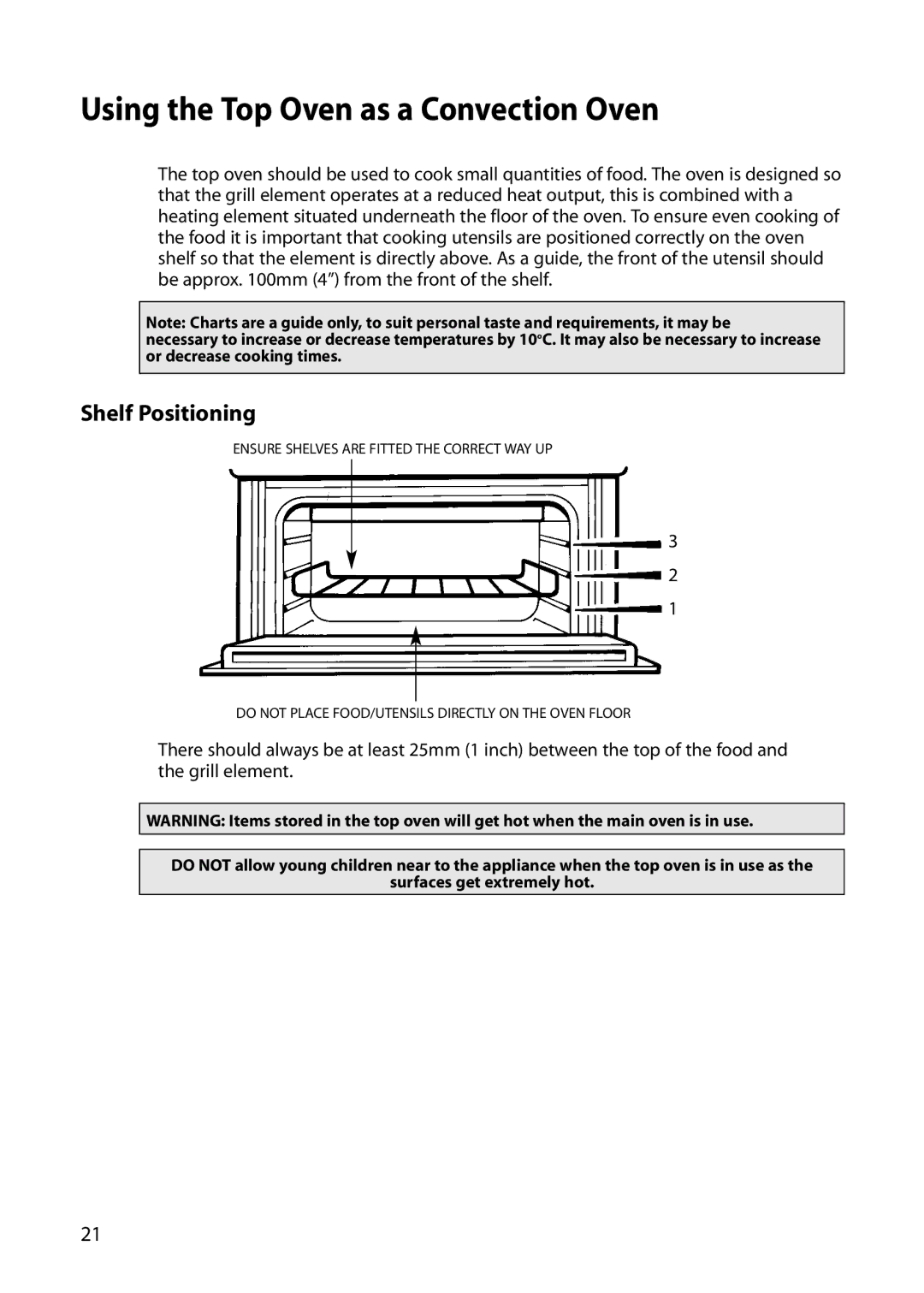 Indesit FIDM20, FID20 manual Using the Top Oven as a Convection Oven, Shelf Positioning 