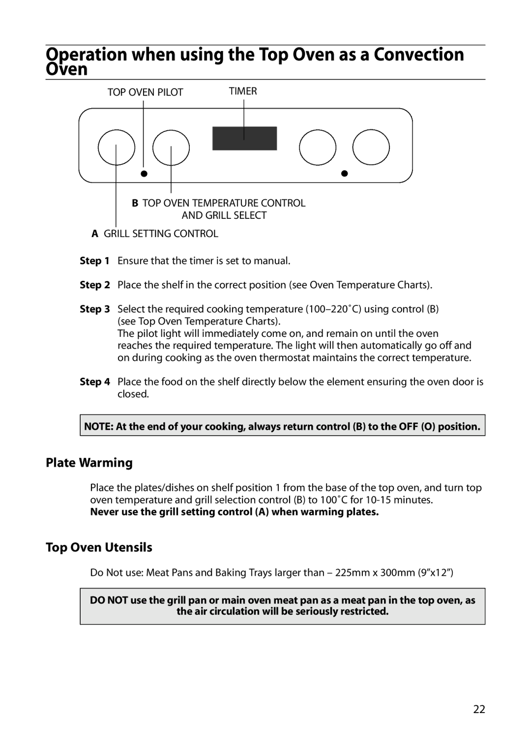 Indesit FID20, FIDM20 manual Operation when using the Top Oven as a Convection Oven, Plate Warming, Top Oven Utensils 