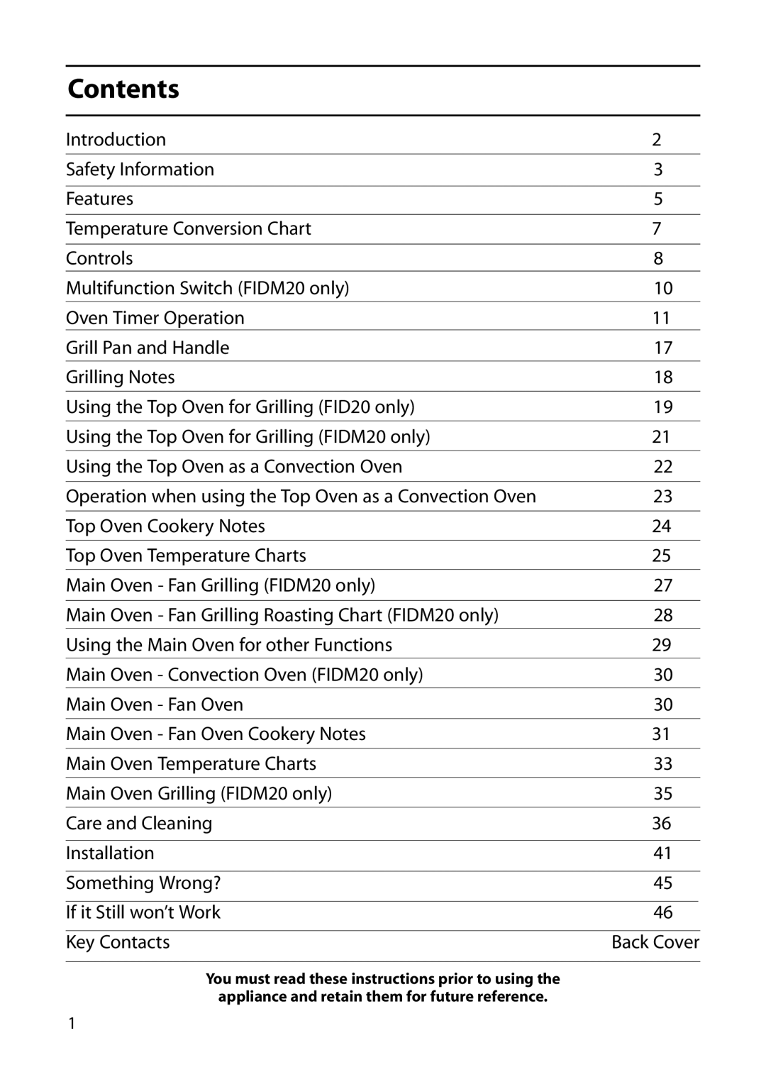 Indesit FIDM20 Mk2, FID20 Mk2 manual Contents 