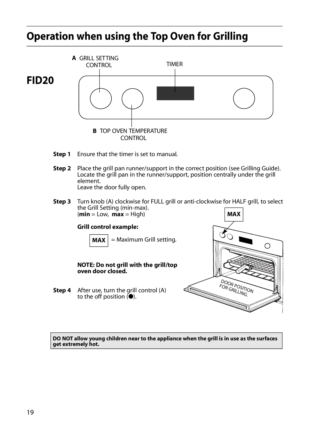 Indesit FIDM20 Mk2 manual Operation when using the Top Oven for Grilling, Min = Low, max = High, Grill control example Step 