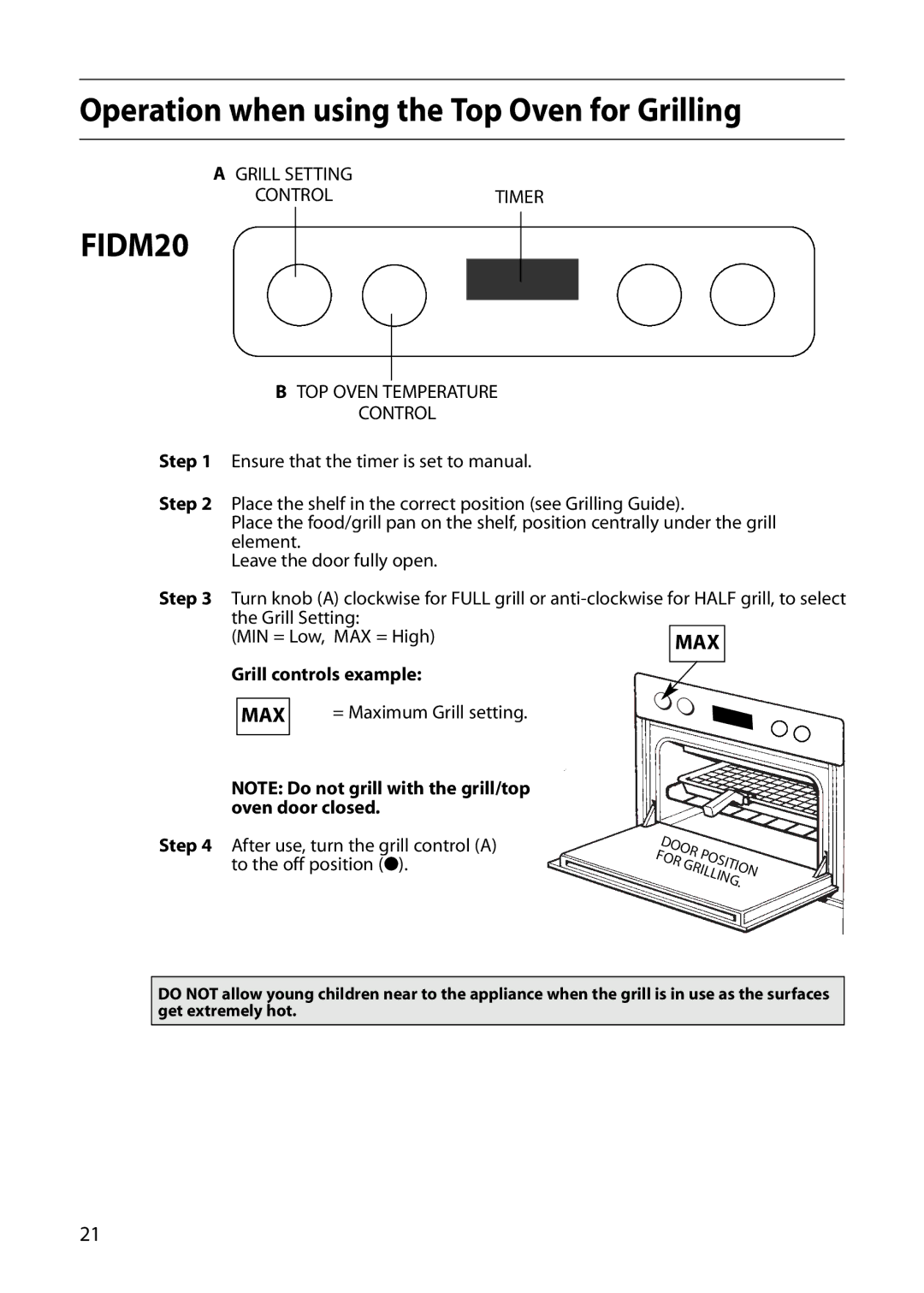 Indesit FIDM20 Mk2, FID20 Mk2 manual Grill controls example Step 