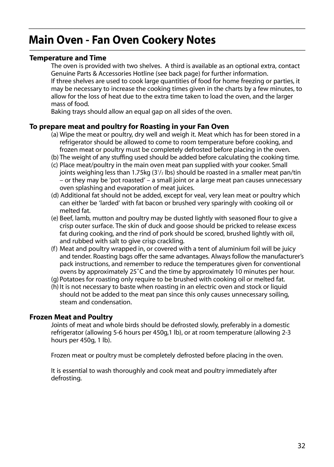 Indesit FID20 Mk2 Temperature and Time, To prepare meat and poultry for Roasting in your Fan Oven, Frozen Meat and Poultry 