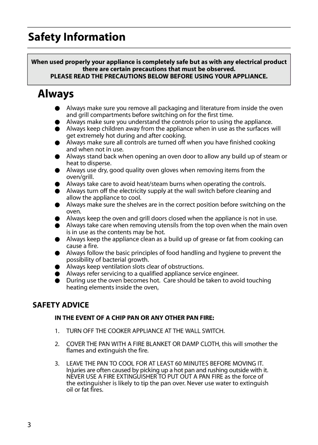 Indesit FIDM20 Mk2, FID20 Mk2 manual Safety Information, Always, Safety Advice 