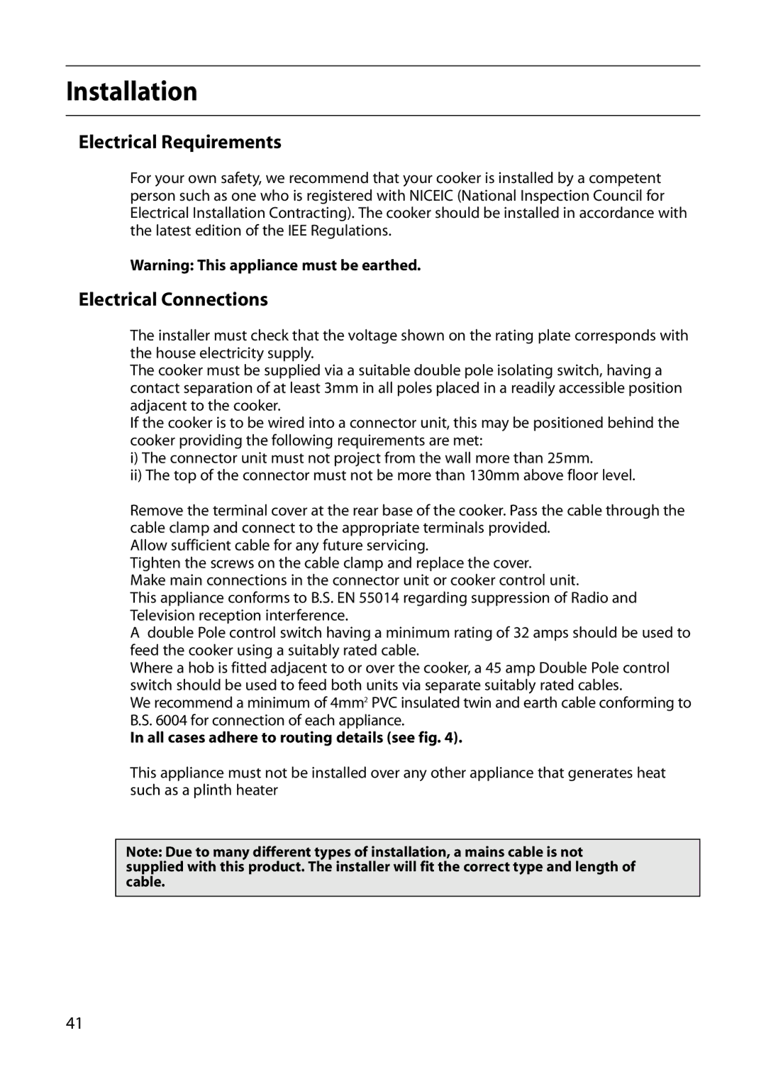 Indesit FIDM20 Mk2, FID20 Mk2 manual Installation, Electrical Requirements, Electrical Connections 