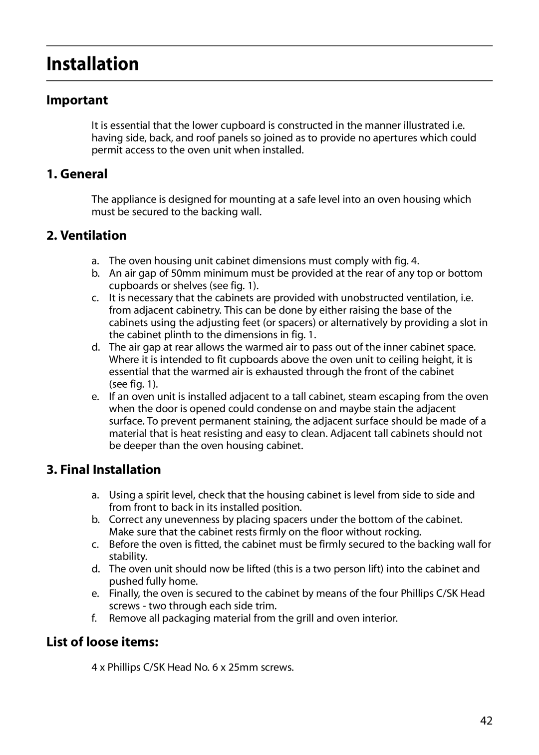 Indesit FID20 Mk2, FIDM20 Mk2 manual General, Ventilation, Final Installation, List of loose items 