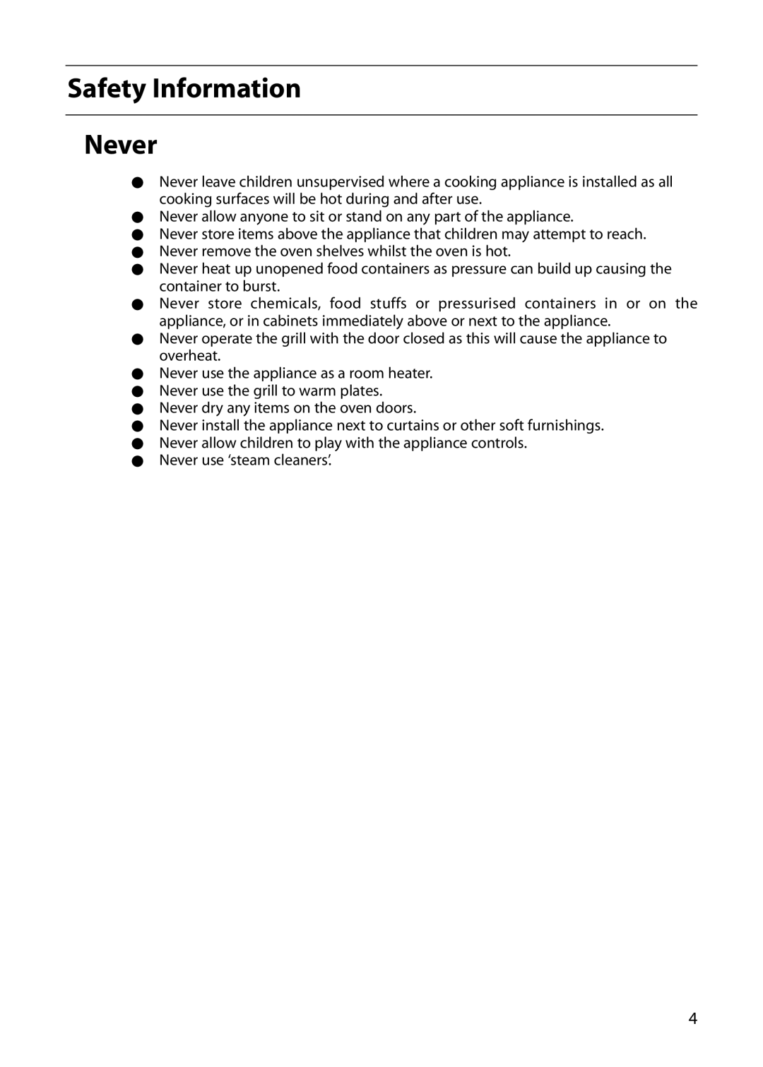 Indesit FID20 Mk2, FIDM20 Mk2 manual Safety Information Never 