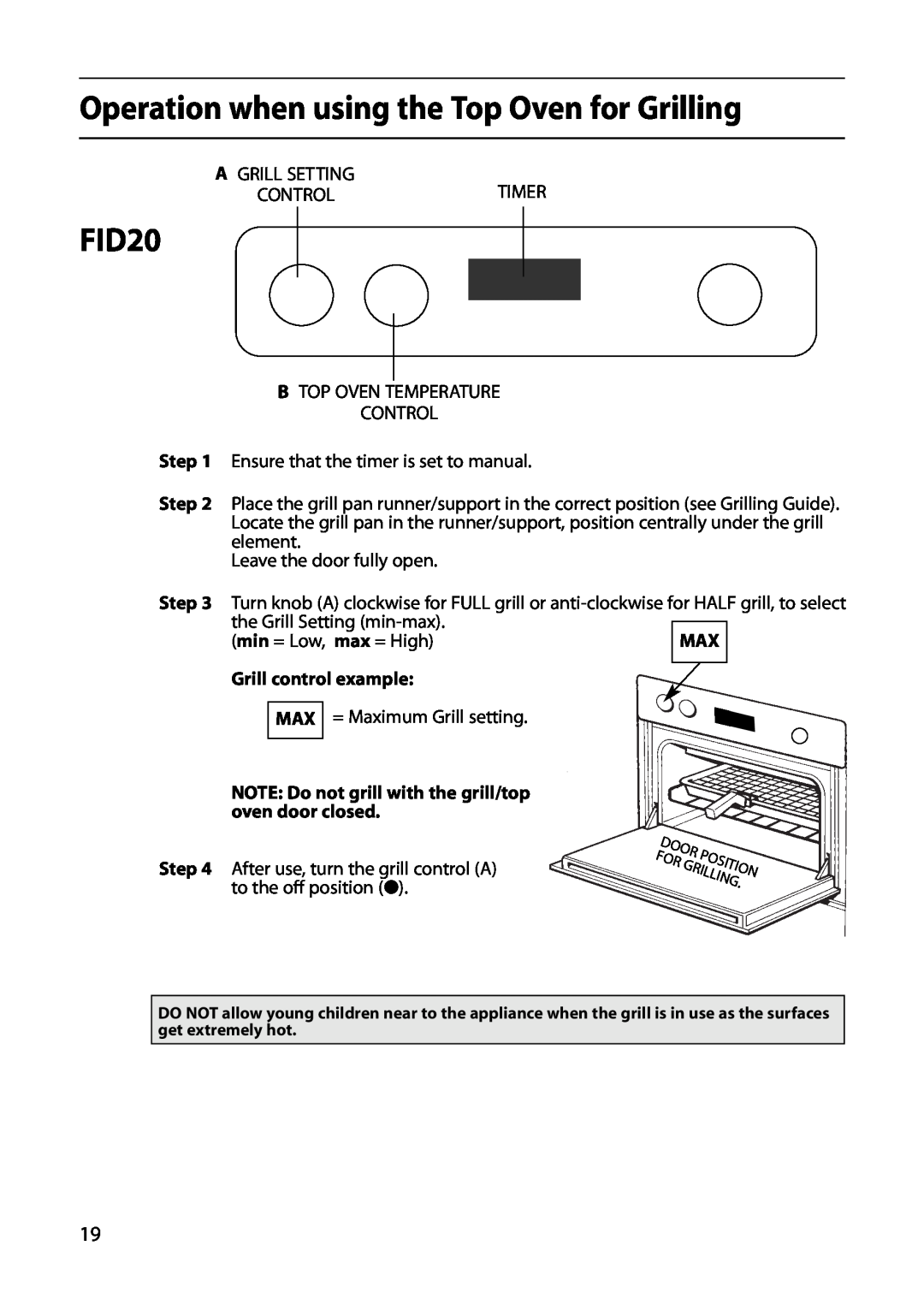 Indesit FIDM20 Mk2, FID20 Mk2 manual Operation when using the Top Oven for Grilling, Step, min = Low, max = High 