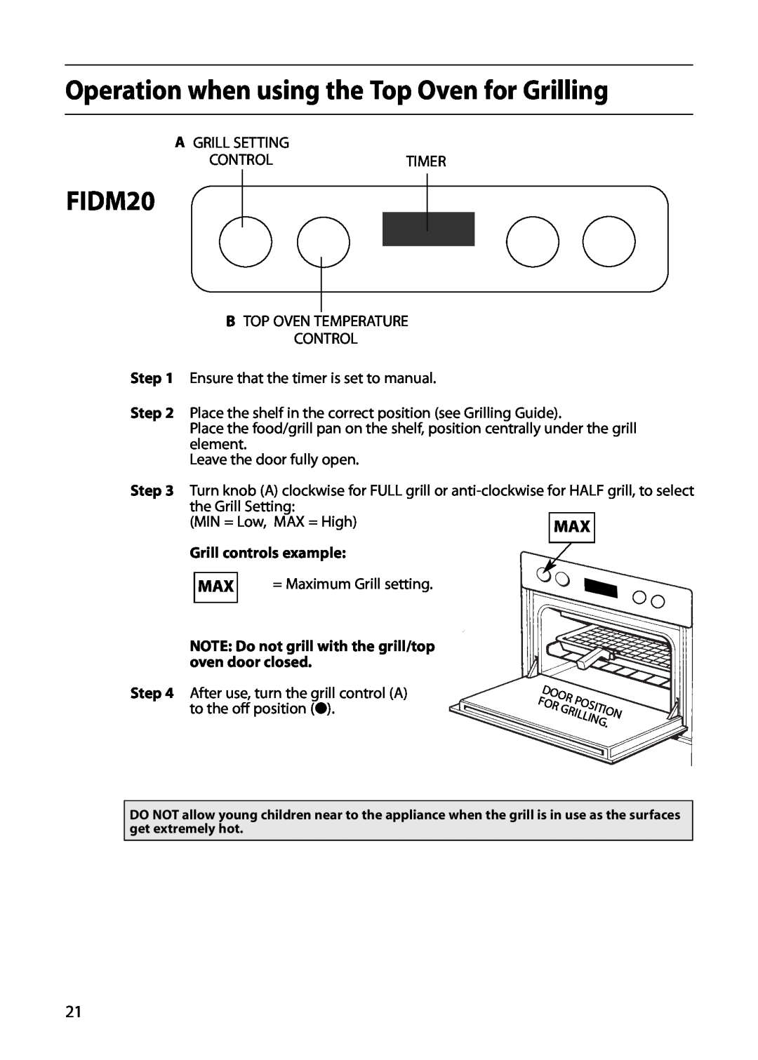 Indesit FIDM20 Mk2, FID20 Mk2 manual Operation when using the Top Oven for Grilling 