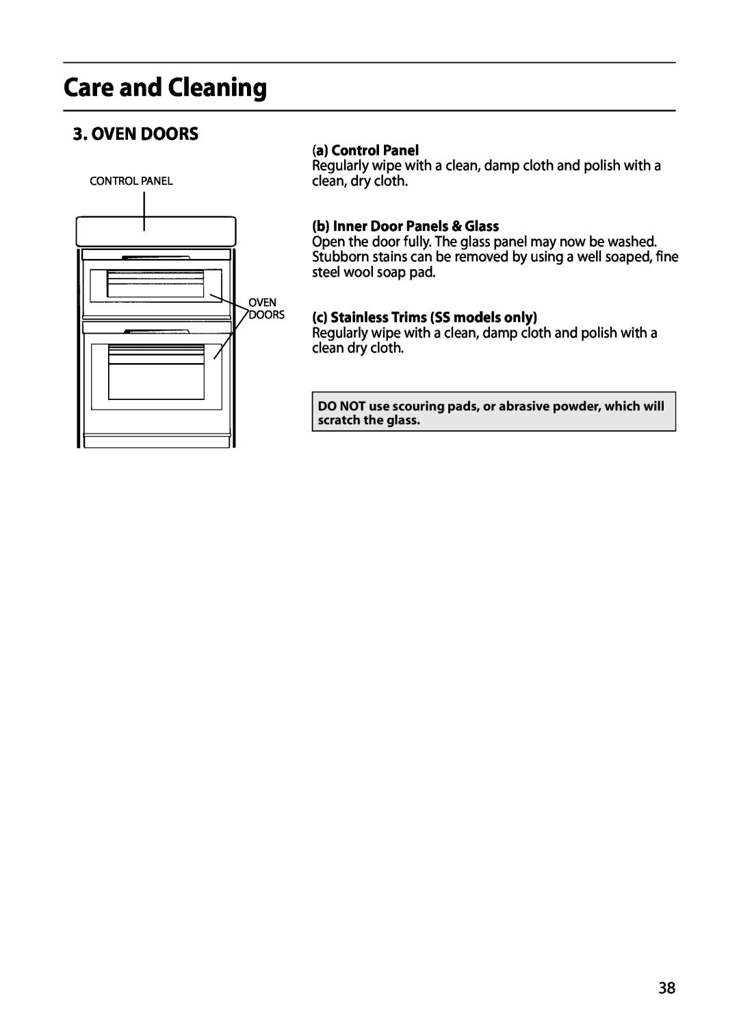 Indesit FID20 Mk2, FIDM20 Mk2 manual Oven Doors, Care and Cleaning, a Control Panel, b Inner Door Panels & Glass 