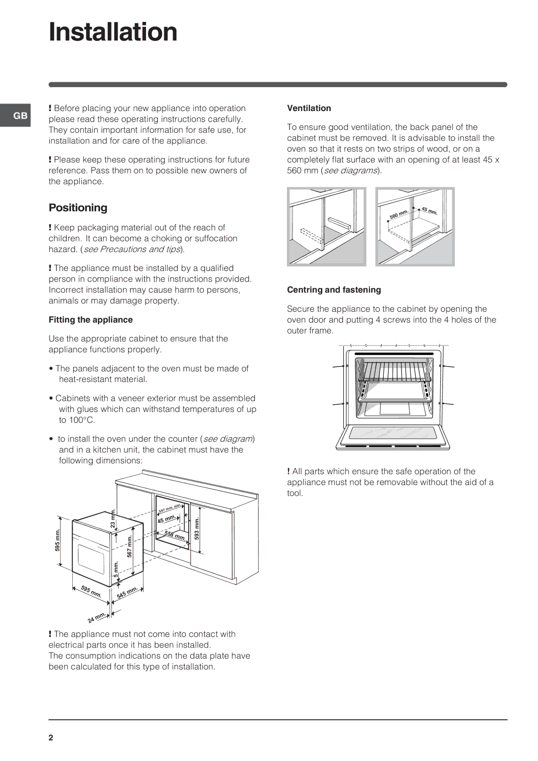 Indesit FIE 36 K.B GB/1, FIE 36 K.B IX GB/1 manual Installation, Positioning 