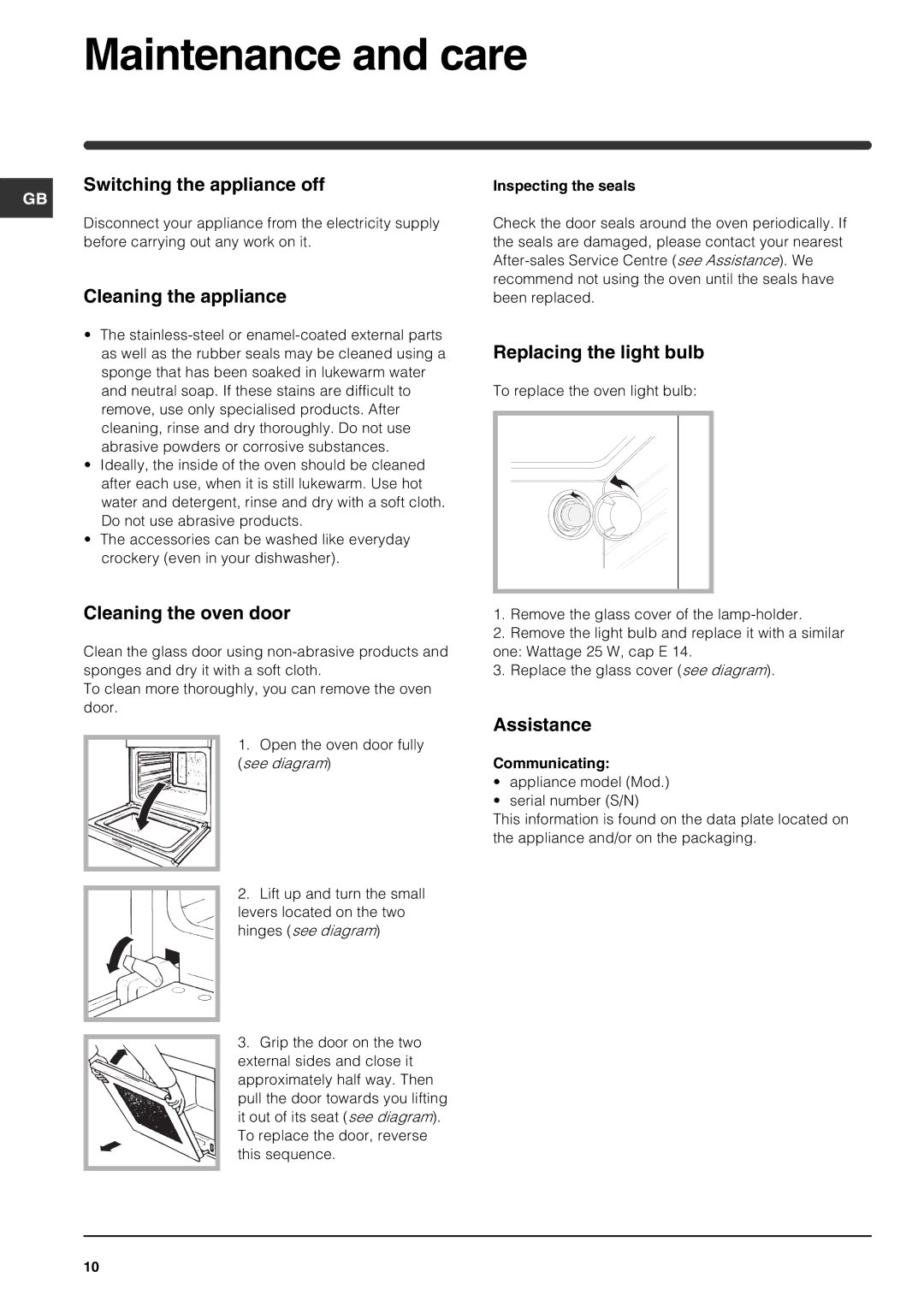 Indesit FIE 56 K.B GB operating instructions Maintenance and care 