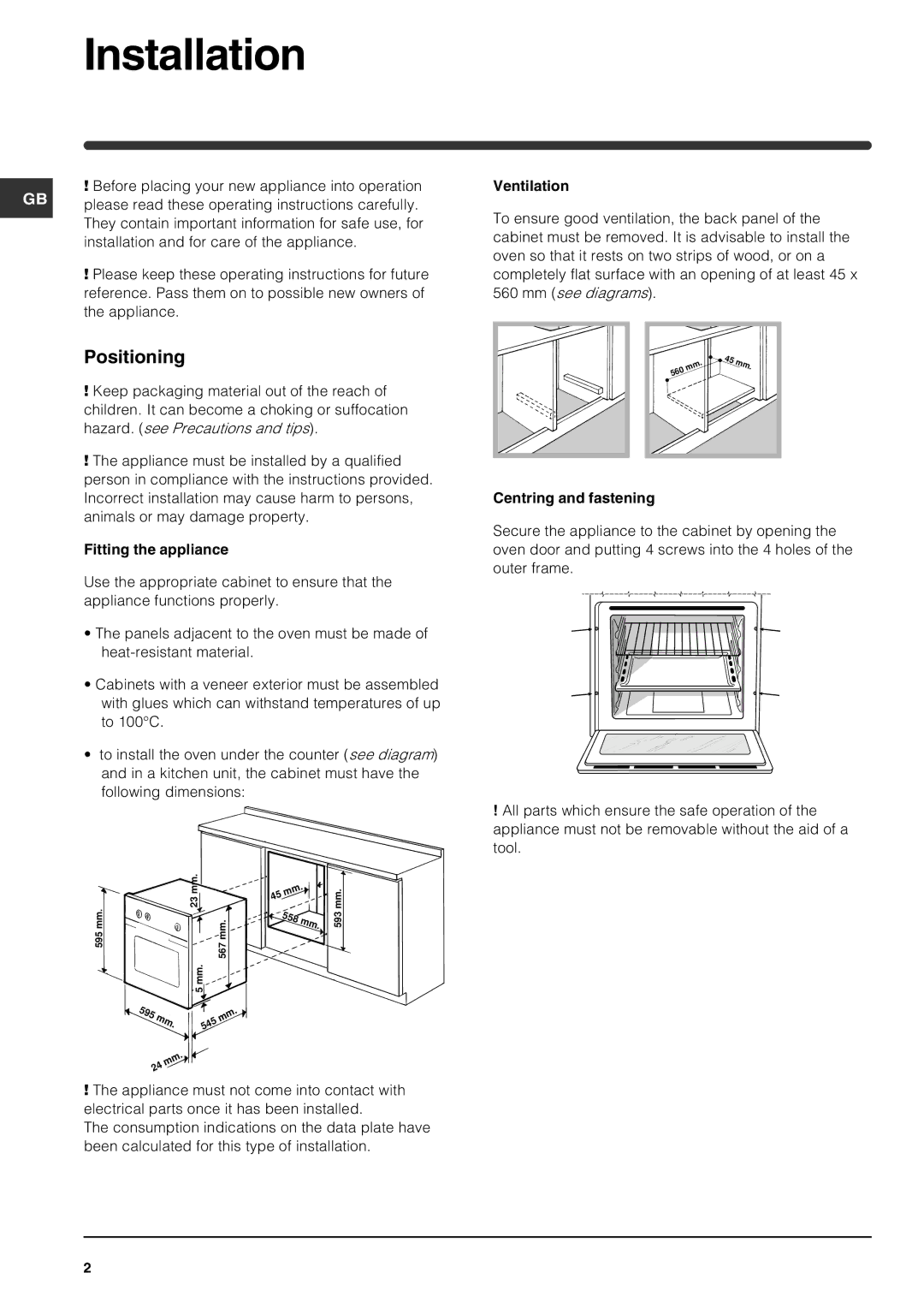 Indesit FIE 56 K.B GB operating instructions Installation, Positioning 