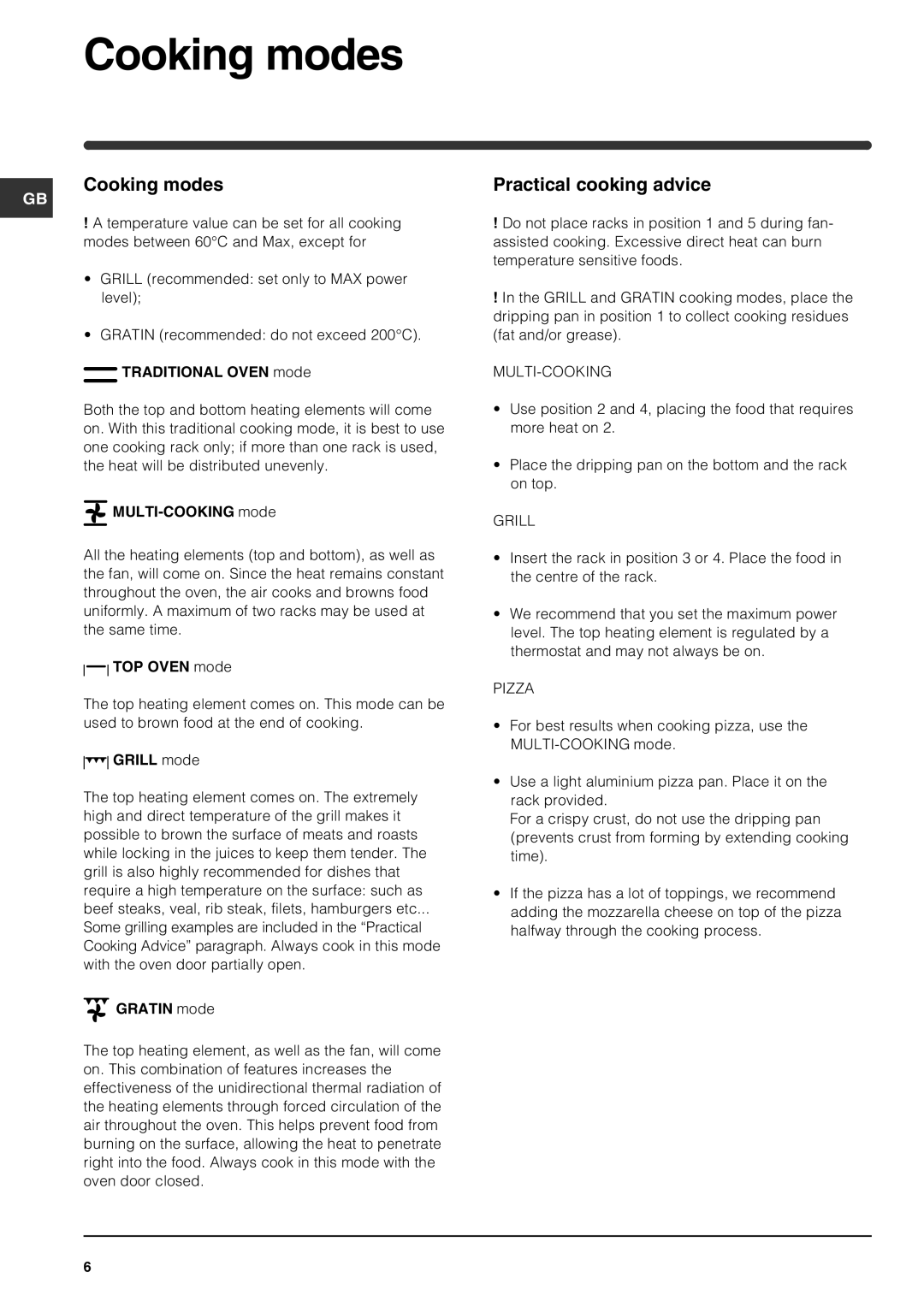 Indesit FIE 56 K.B GB operating instructions Cooking modes, Practical cooking advice 