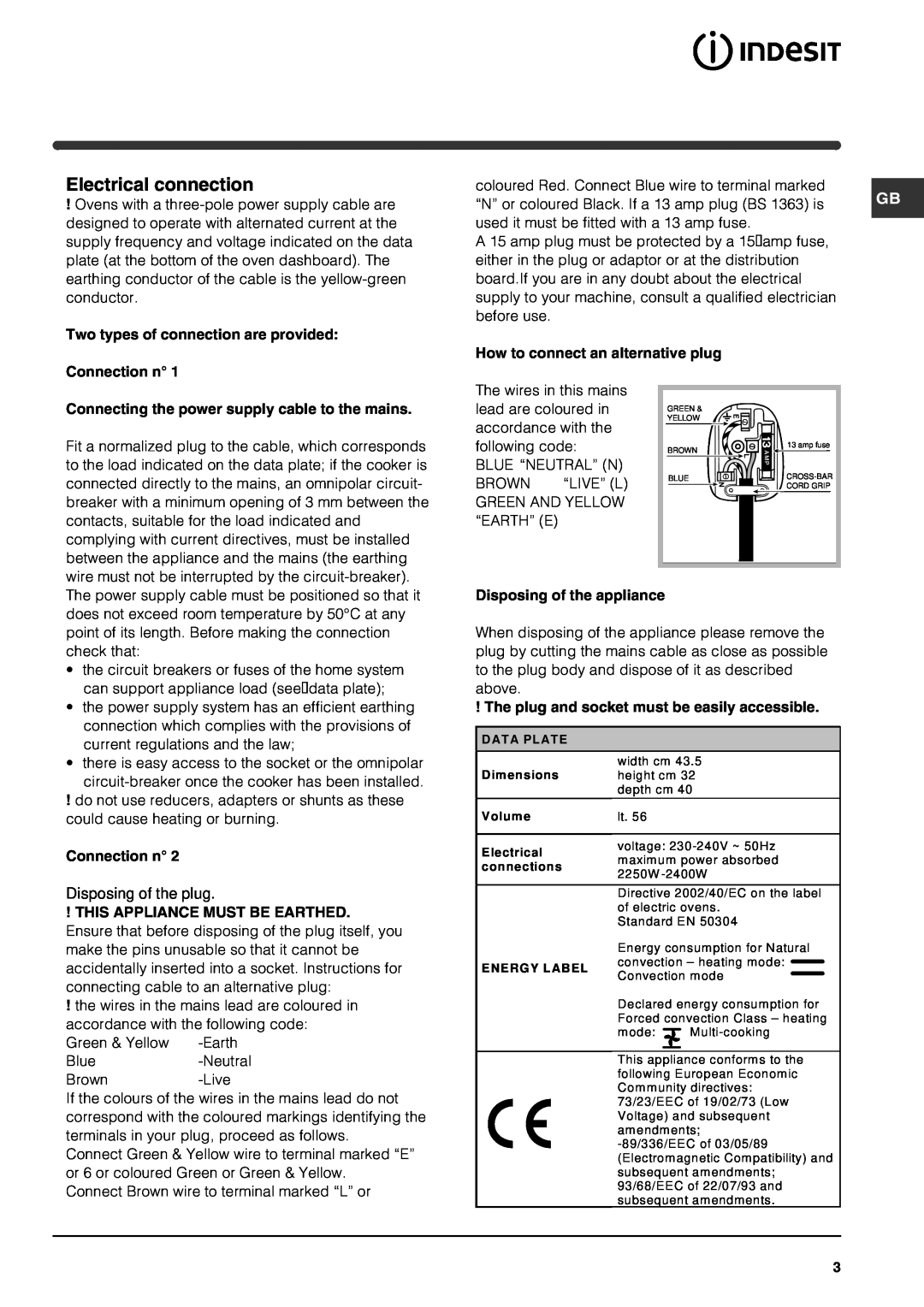 Indesit FIE 56 K.B GB operating instructions Electrical connection 