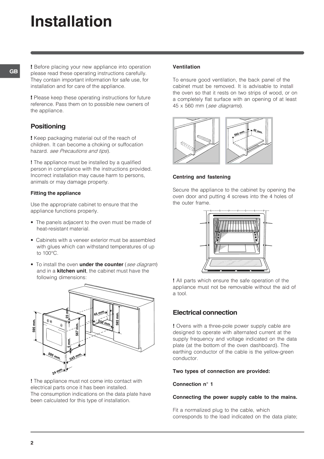 Indesit FIE 76 KC.A GB manual Installation, Positioning, Electrical connection 