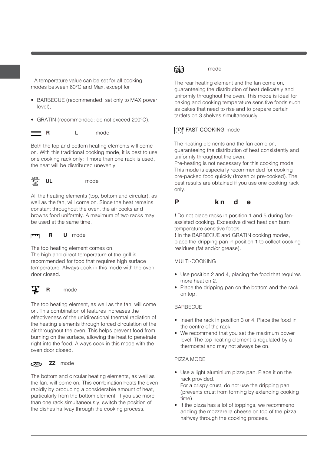 Indesit FIE 76 KC.A GB manual Cooking modes, Practical cooking advice 