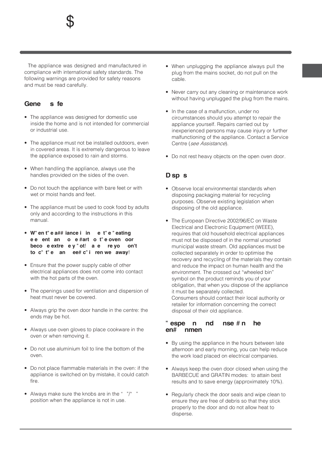 Indesit FIE 76 KC.A GB manual Precautions and tips, General safety, Disposal, Respecting and conserving the environment 