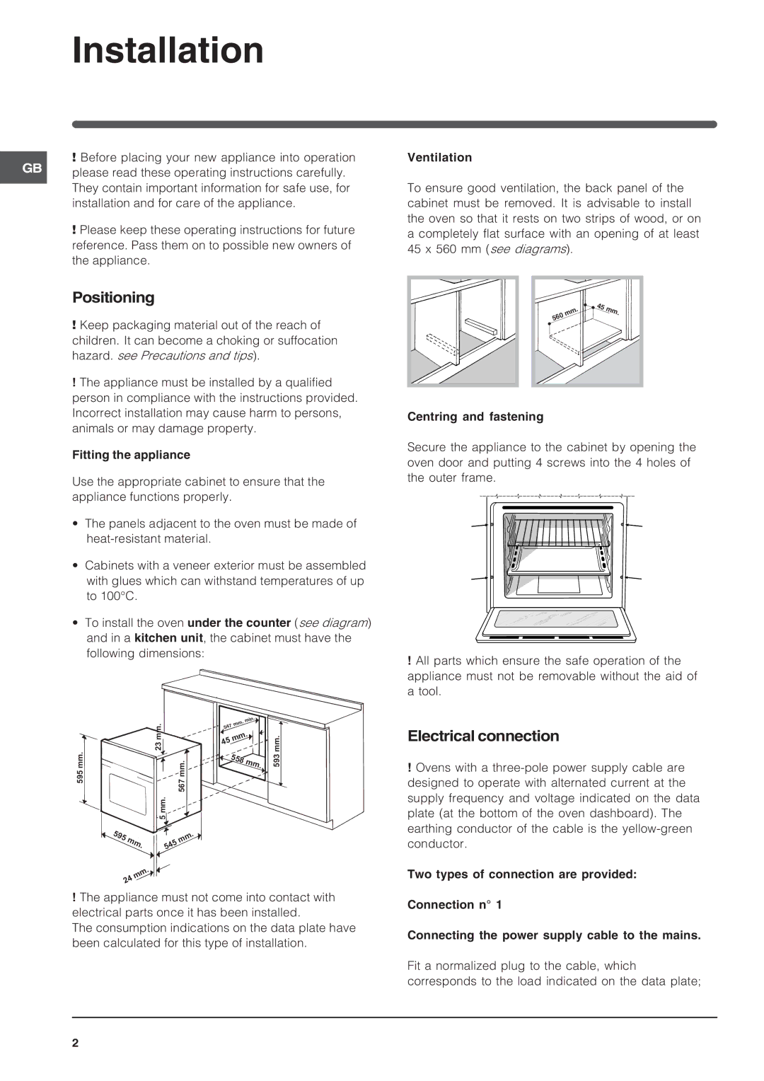 Indesit FIE 76 KC.A IX GB/1, FIE 76 KC.A GB/1 manual Installation, Positioning, Electrical connection 