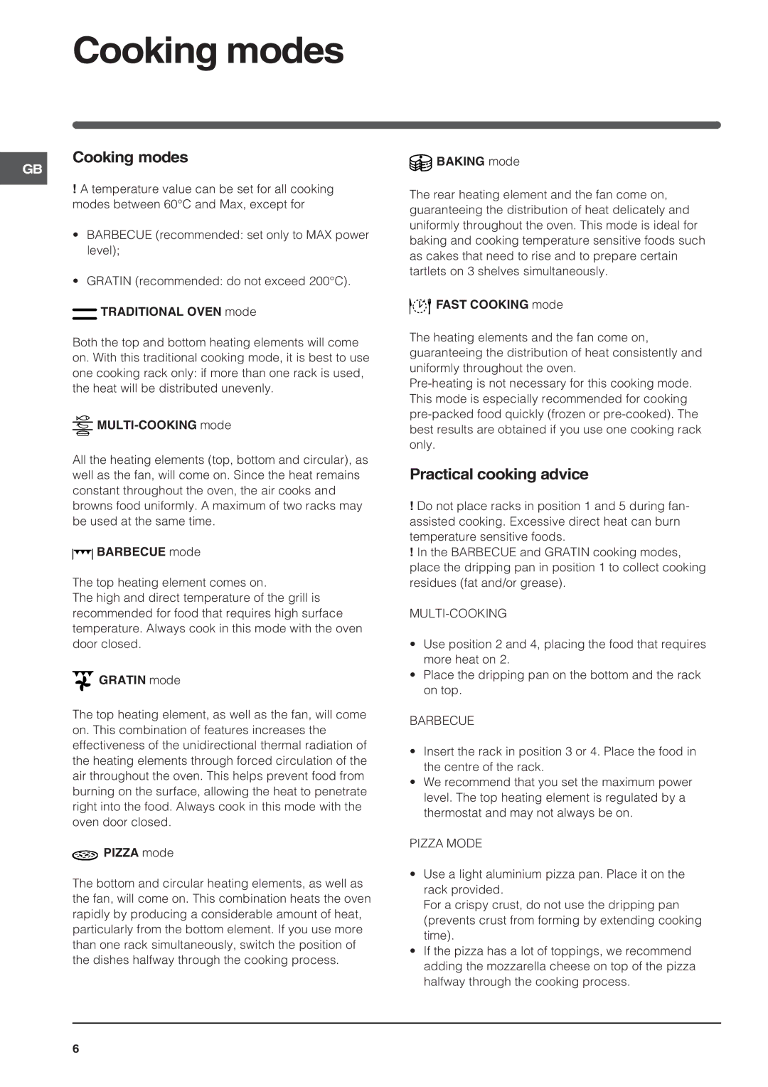 Indesit FIE 76 KC.A IX GB/1, FIE 76 KC.A GB/1 manual Cooking modes, Practical cooking advice 